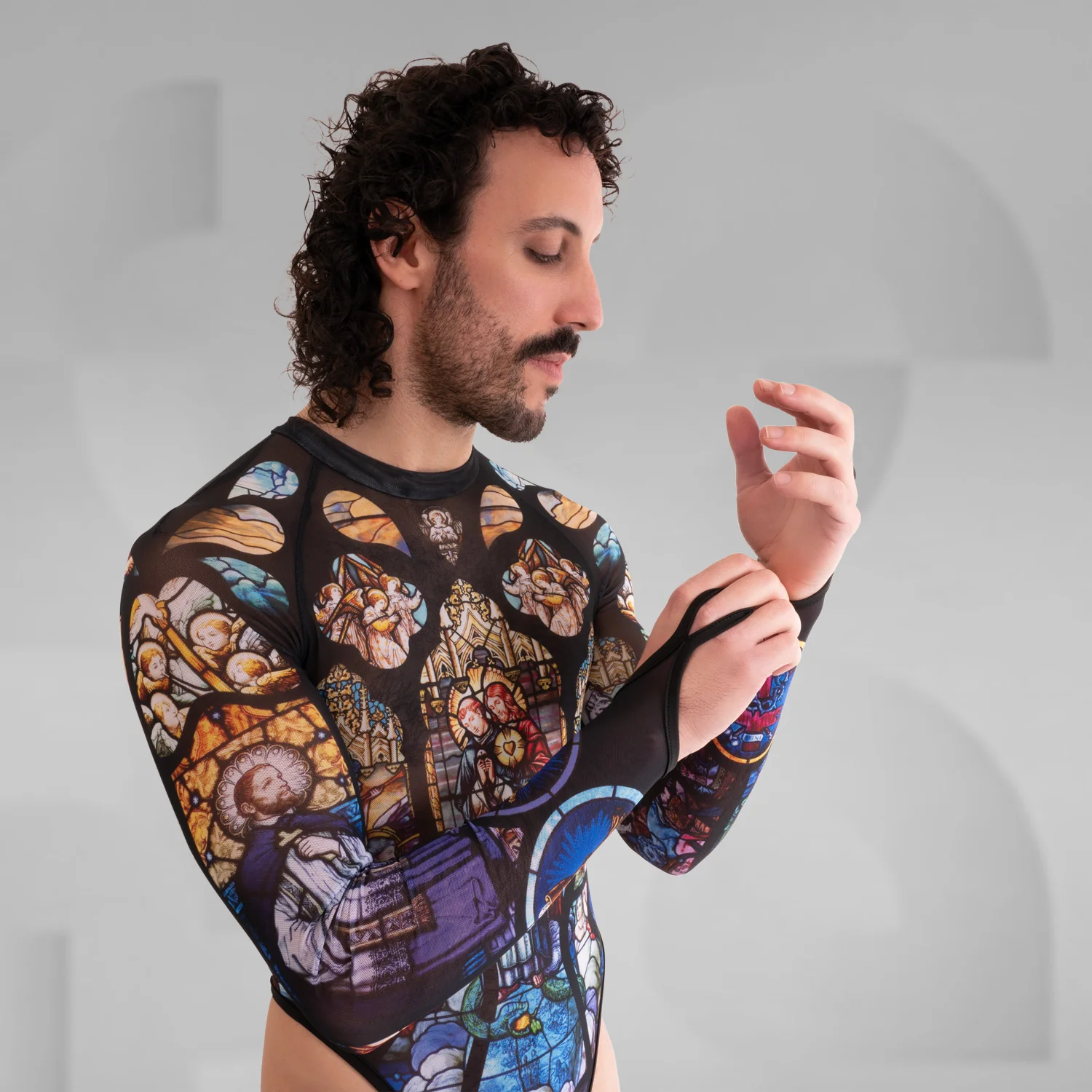 Church Print Longsleeve Mesh Thong Bodysuit - Image 3
