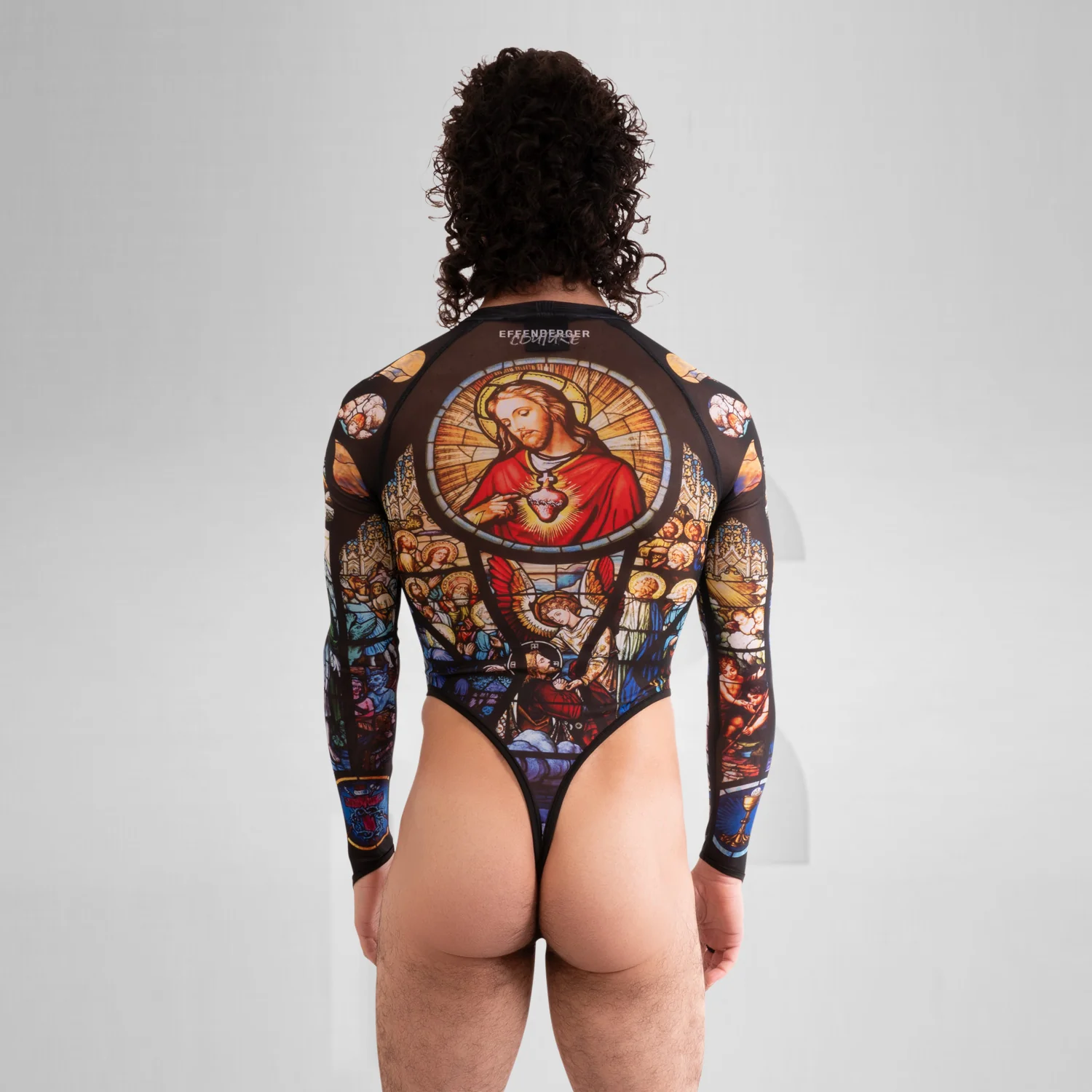 Church Print Longsleeve Mesh Thong Bodysuit - Image 4